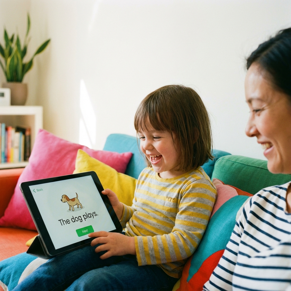 Child happily using tablet for reading